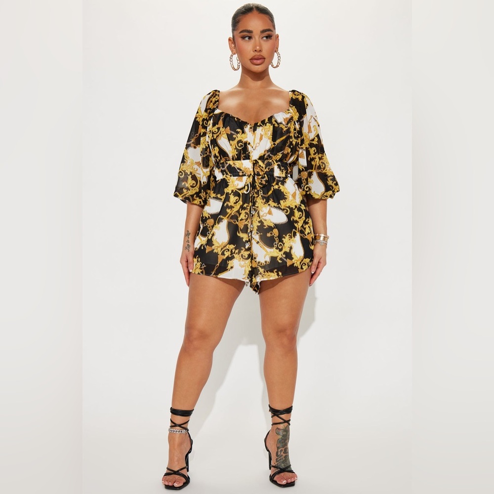 Fashion Nova Black and Gold Printed Romper
Worth Your While Romper - Multi Color